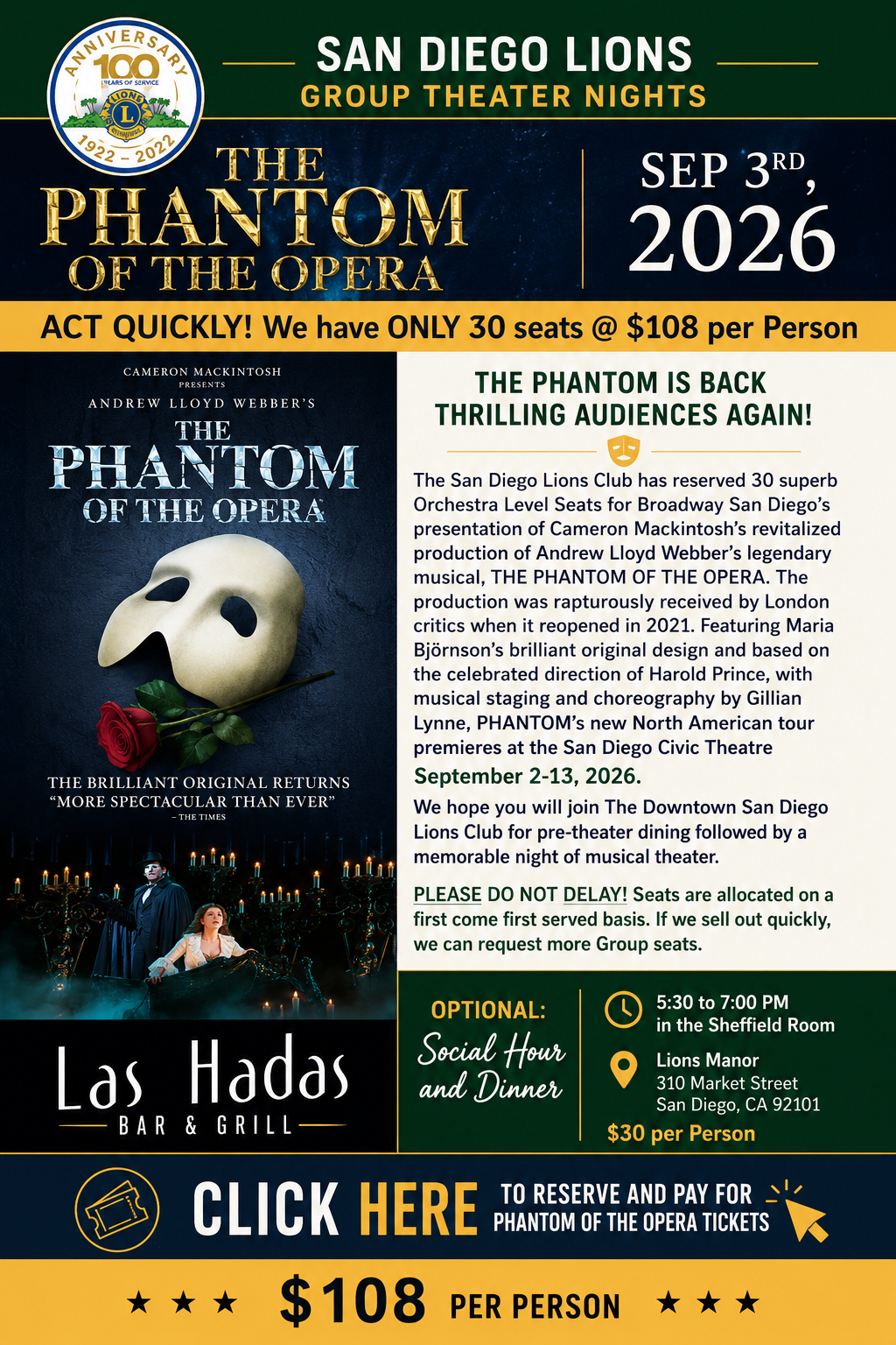 San Diego Lions Group Theater Nights flyer for The Phantom of the Opera on September 3, 2026, with ticket and dinner details.